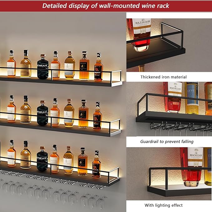 71in Wall-Mounted Metal Wine Rack with LED Lights 3-Tier Floating Bar Shelves with Wine Glass Rack Large Wine Bottle Display Rack Hanging Shelf, for Home Bar Dining Room Decorative (black, 180cm/71in)