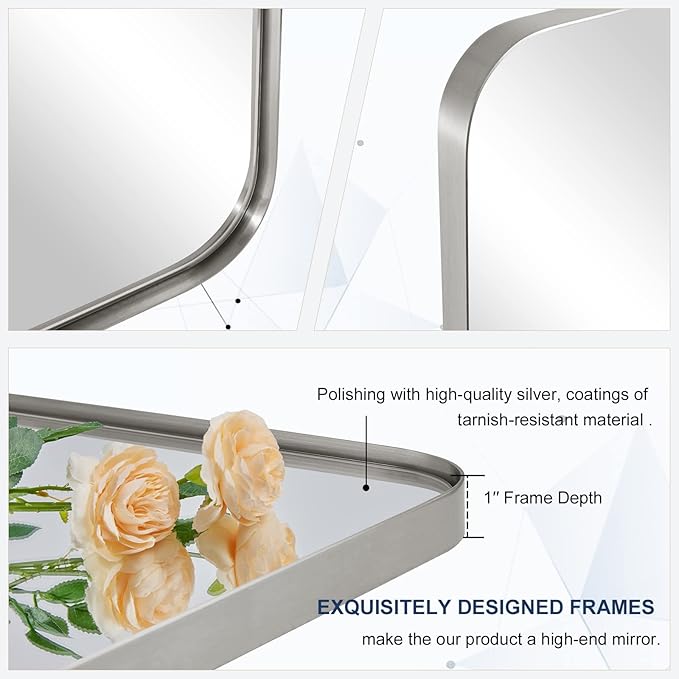 MOON MIRROR 22" x 30" Brushed Nickel Metal Framed Pivot Rectangle Bathroom Mirror, Silver Tilting Rounded Rectangular Vanity Mirror for Wall Hangs Vertical Only