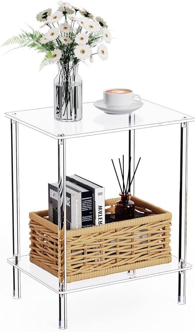 Clear Acrylic Side Table, 2-Tier End Table for Living Room, Small Modern Bedside Tables Nightstand for Bedroom, Home Decor Accent Table, 15.7" L x 11.8" W x 19.82" H, Clear
