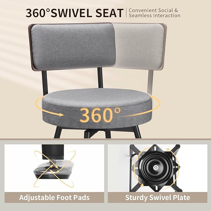 Counter Height Bar Stools, 25" Swivel Bar Stools Set of 2, Round Swivel Bar Chair, Fabric Upholstered Barstools with Metal Leg, Stool for Kitchen Counter Island, Dark Grey