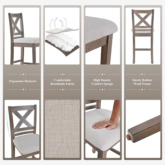 Upholstered Counter Height Bar Stools Set of 4, Modern Kitchen Island Barstools Chairs with Cross Back and Wood Legs for Dining Room Bar, Light Brown Wash