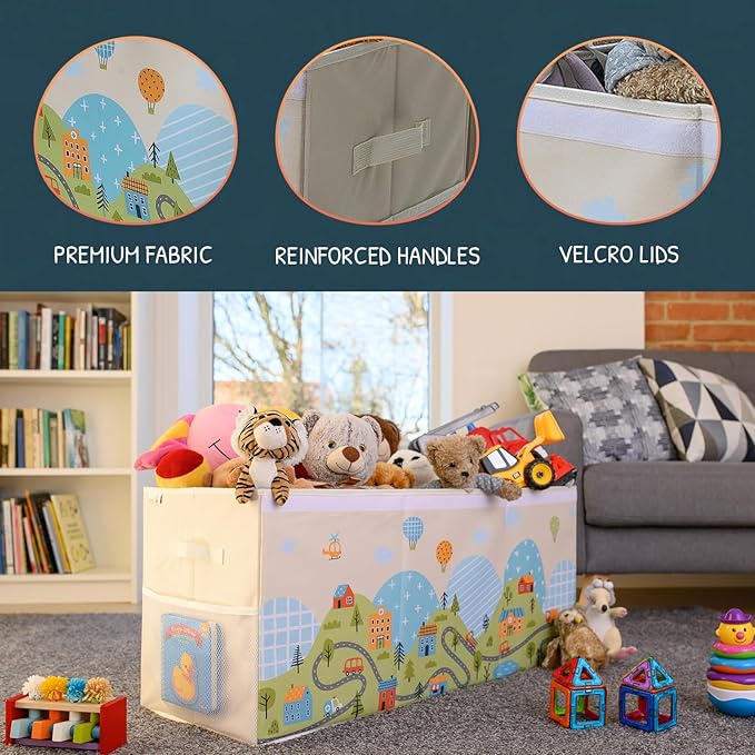 Extra Large Toy Storage Organizer with Lid - Sturdy, Collapsible Toy Chest Storage Box with Cute Design - Toys Bin with Dividers for Kids, Boys, Girls, Nursery, Bedroom, Play room 37"x16"x14"