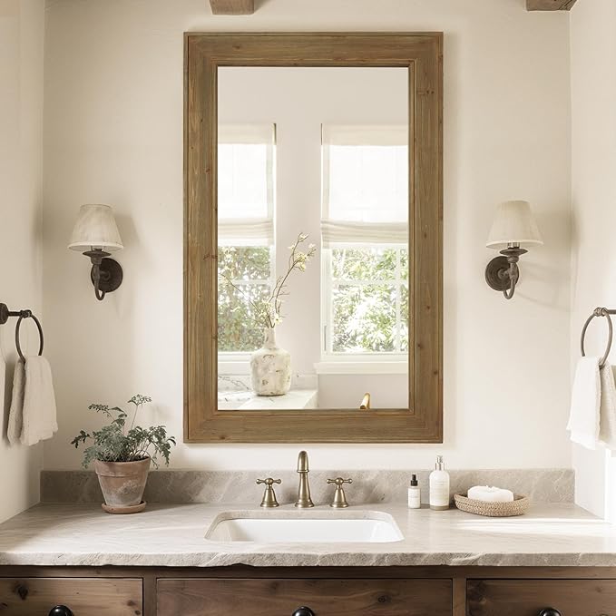 WallBeyond Rustic Wood Framed Mirror, 30" x 48" Farmhouse Decorative Wall Mirror, Vintage Solid Wood Rectangular for Bathroom, Entryway & Living Room, Natural