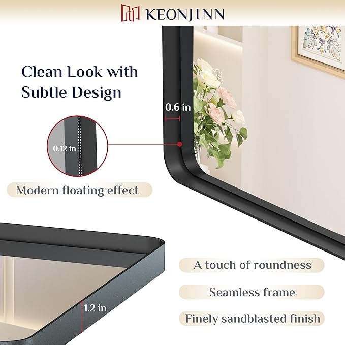 Keonjinn Black Framed Mirrors for Bathroom 48” x 40” Large Rounded Rectangle Wall Mirror, Matte Black Farmhouse Bathroom Vanity Mirror with Seamless Metal Frame, HD Tempered Glass(Horizontal/Vertical)