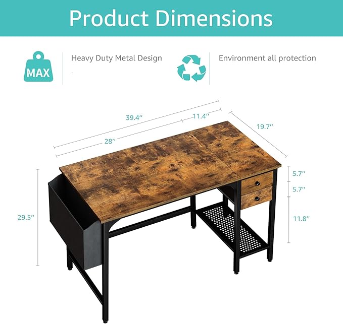 Lufeiya Computer Desk with Drawers - 40 Inch Work Reversible Small Desk for Bedroom Home Office, Simple Study Writing Table PC Desks with Drawer Storage Shelves, Rustic Brown