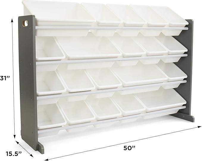 Humble Crew Extra-Large Toy Organizer with 20 Plastic Bins – Grey/White Storage Rack with 4-Tier Shelves, Anti-Tip Safety, for Kids’ Rooms, Playrooms, Nurseries & Classrooms
