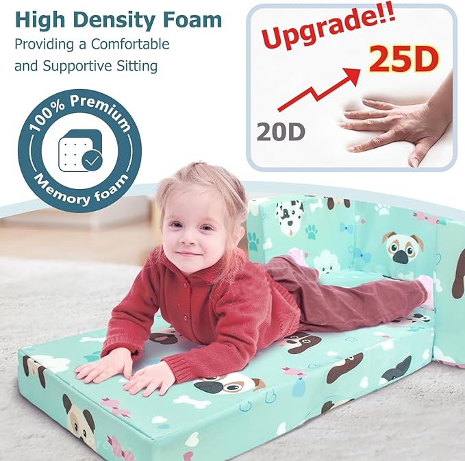 Kids Couch, 2-in-1 Kids Fold Out Sofa, Convertible Toddler Couch to Lounger for Girls and Boys, Soft Toddler Chairs Comfy 1-3 Years Old (Green Dog)