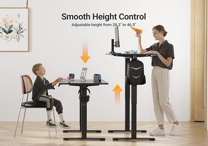 Seang Electric Standing Desk Adjustable Height, 40 x 24 Inch Sit Stand Desk with T-Shaped Frame, 3 Memory Presets & Cable Management for Home Office Computer Workstation, Black Frame/Black Top