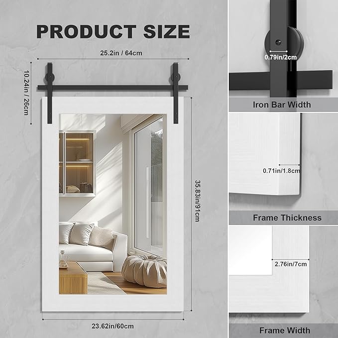 Hasipu Farmhouse Bathroom Mirror, 24"x36" Rustic Wood Framed Wall Mounted Mirror, White Vintage Vanity Mirror Barn Door Style Decrative Mirrors