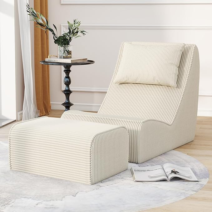 Giant Bean Bag Chair for Adults,Corduroy Chaise Lounge with Unrivaled Back Support, Detachable Neck Pillow, Comfortable Ottoman & Washable Cover for Living Room, Bedroom, Garden(White)