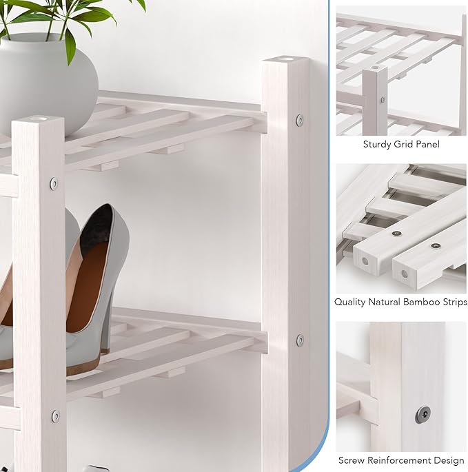 Haddockway small 3 Tier Bamboo Shoe Rack Storage Organizer, Multifunctional Free Standing Stackable Shoe Shelf with Grid Panel for Closet,Hallway,Entryway,Small Space 18"x11"x17"(White, 3-Tier(Small))