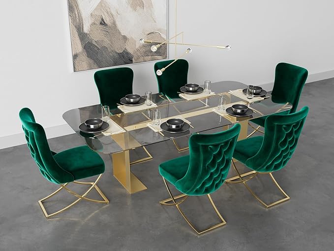 Ottomanson Royal Dining Chairs Set of 6 – Upholstered Tufted Microfiber, Assembled, Gold Metal Legs, Beech Wood Frame, 350 lb Capacity, Green
