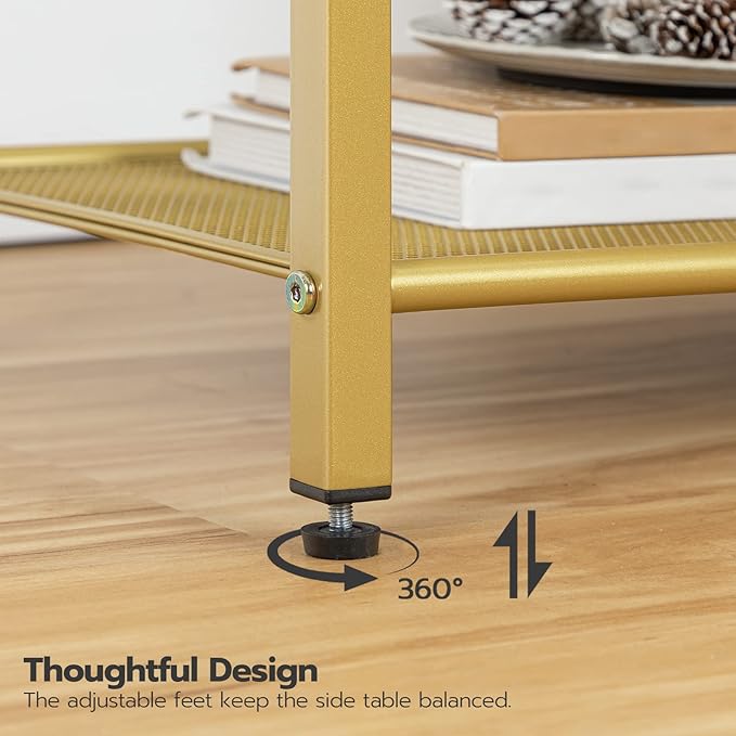 HOOBRO End Tables Set of 2 with Charging Station, Side Tables with USB Ports & Power Outlets, 3-Tier Slim Nightstands with Storage Shelves, Tempered Glass, for Living Room, Bedroom, Gold GD77UBZP201