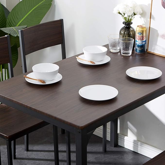 sogesfurniture 4 Piece Dining Table Set, Dining Table Set for 4, Kitchen Dinner Table with Benches for 4, Includes Table, 2 Chairs & Bench, Brown