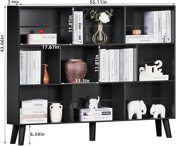 YAHARBO 10 Cube Large Bookshelf,3 Tier Bookcase with Legs,Black Mid-Century Modern Bookshelves,Wide Free Standing Open Storage Organizer Shelf,Tall Wooden Book Case Furniture for Living Room,Office