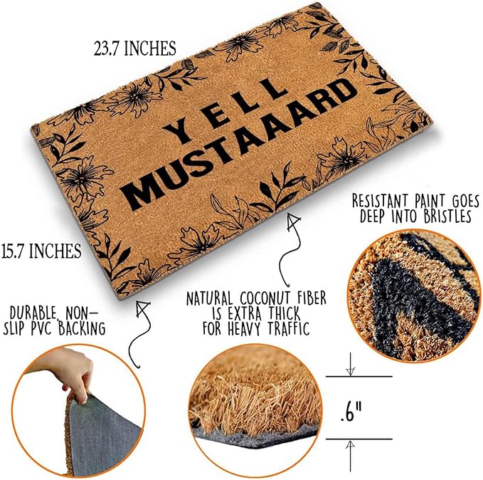 Funny Coir Doormat with Music Lover Yell Mustard - Front Door Mat, Entryway Welcome Mat, 23.7 x 15.7 inch
