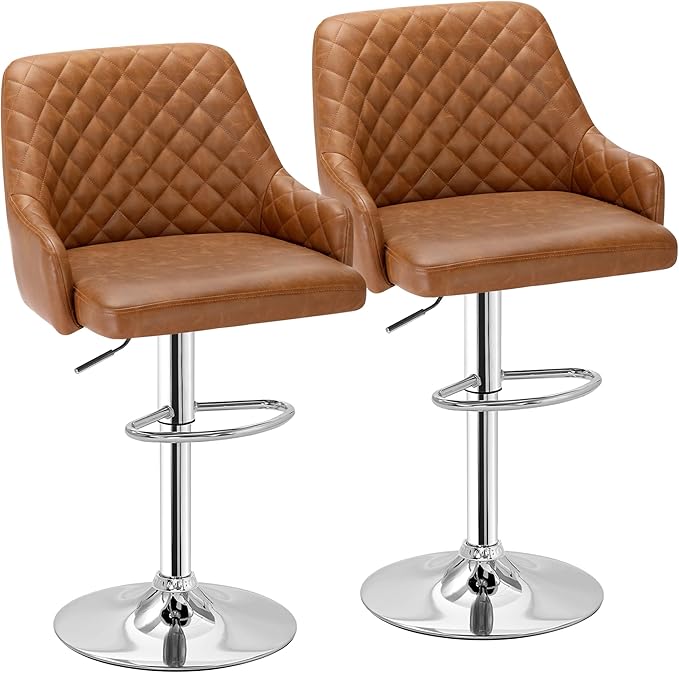 VECELO Bar Stools Set of 2, Modern PU Leather Adjustable Bar Stools with Back, 360° Swivel Bar Height Stools for Kitchen Counter Island, X-Large Size