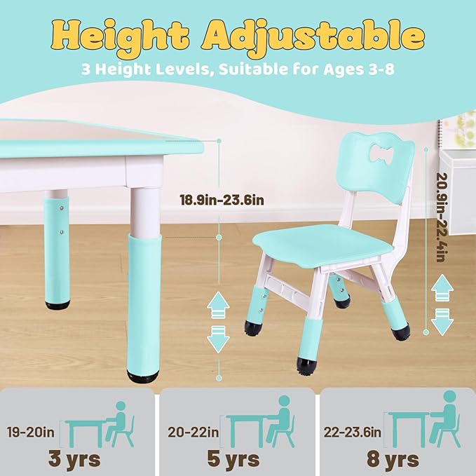 FUNLIO Kids Table and 2 Chairs Set, Height Adjustable Toddler Table and Chair Set for Ages 3-8, Easy to Wipe Arts & Crafts Table, for Classrooms/Daycares/Homes, CPC & CE Approved (3pcs Set) - Green