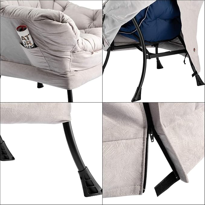 HollyHOME Modern Large Cotton Fabric Lazy Chair，Accent Contemporary Lounge Chair, Single Steel Frame Leisure Sofa Chair with Armrests and A Side Pocket, Grey