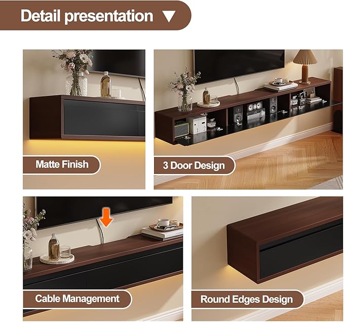 Floating TV Stand Matte Finish,70'' Wall-Mounted TV Cabinet,Floating TV Console,Under TV Shelf with 3 Doors for Living Room Bedroom(Walnut+Black)