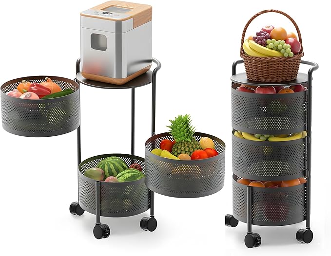 JAQ Rotating Storage Shelves Rack for Kitchen, 3-Tier Multi Layer Removable Basket Shelf Organizer on Rolling Wheels for Fruit Vegetable Grocery Corns Potato Onion (3-Tier, Black)