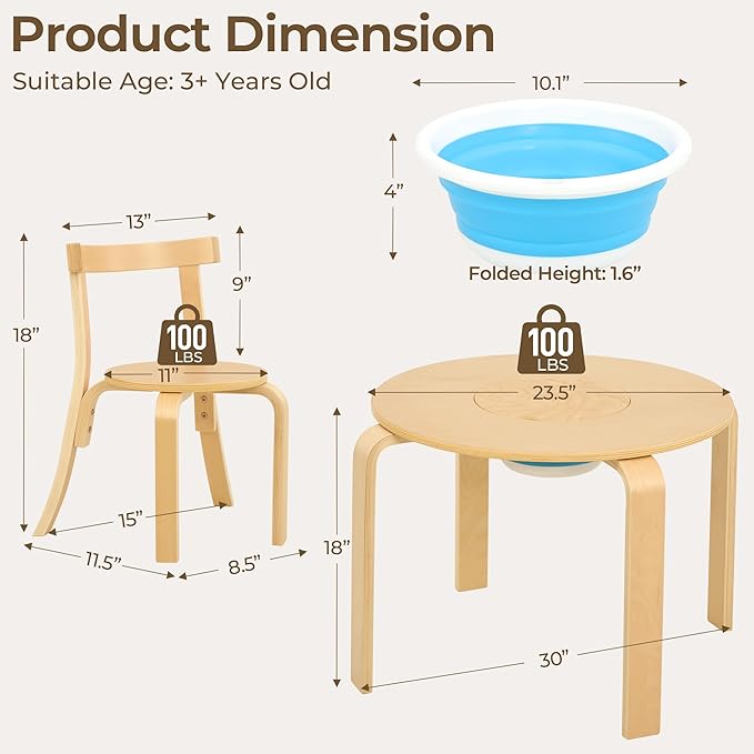 Kid Round Table and 4 Chairs Set with Storage Tub, Wooden Toddler Table Chair for Arts, Crafts, Eating, Learning, Kid Play and Activity Table for Home, Daycare or Playroom