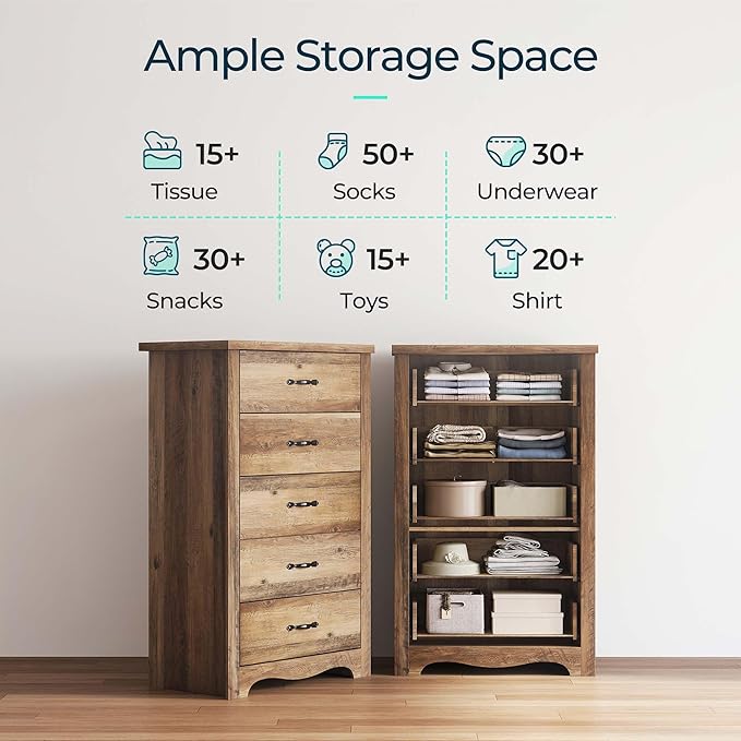 LINSY HOME 5 Drawers Dresser for Bedroom, Wood Bedroom Dresser Modern Drawer Chest, 5 Chest of Drawer, Tall Dresser for Closet, Dressers Organizer for Living Room, Closet, Hallway, Nursery