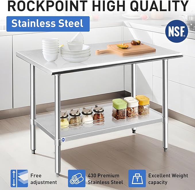 ROCKPOINT Stainless Steel Table for Prep & Work 30x48 Inches, NSF Metal Commercial Kitchen Heavy Duty Table with Adjustable Under Shelf and Table Foot for Restaurant, Home and Hotel