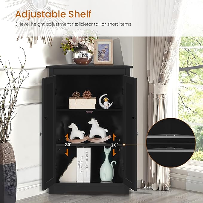 Iwell Corner Cabinet, Corner Bathroom Cabinet with 2 Doors & Adjustable Shelves, for Bathroom, Living Room, Kitchen, Black