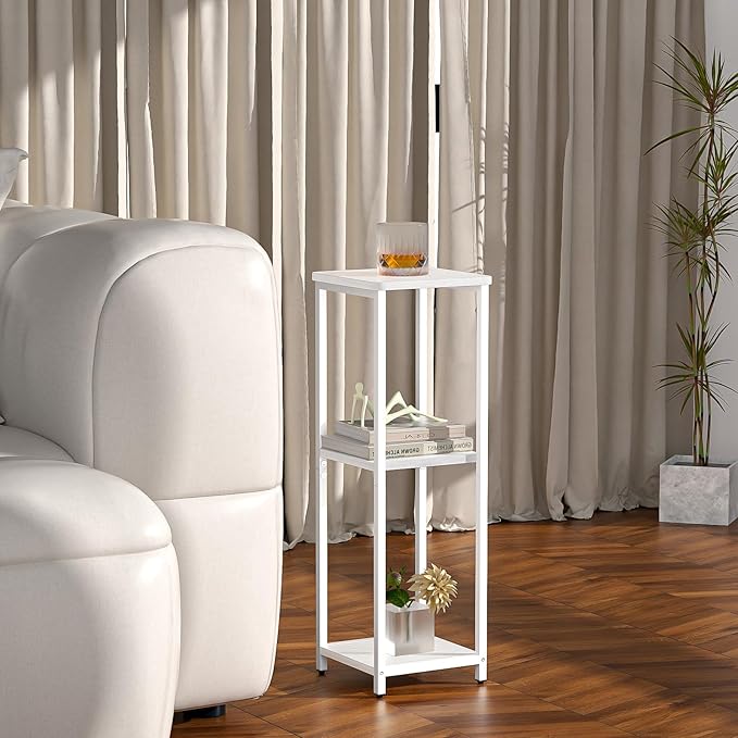 10" Wide Square Drink Table with Adjustable Feet - 3-Tier Small Side Table for Apartments, Balcony & Office | Space-Saving, Lightweight & Multi-Functional (Plants, Books, Drinks, White)