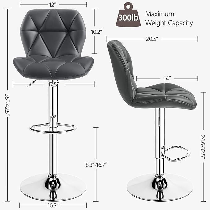 Yaheetech Bar Stools Set of 4, Adjustable PU Leather Swivel Barstools, Modern Counter Stools with Back and Footrest, Counter Height Barstools for Bar, Kitchen, Dining Room, Grey