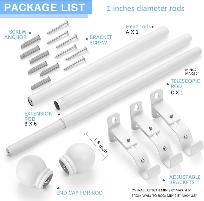 Curtain Rods for Windows 16 to 120 Inches, Curtain Rod Max Adjustable Length of 132 IN, 1" Diameter Drapery Rods Round Finials, White, Pack of 1
