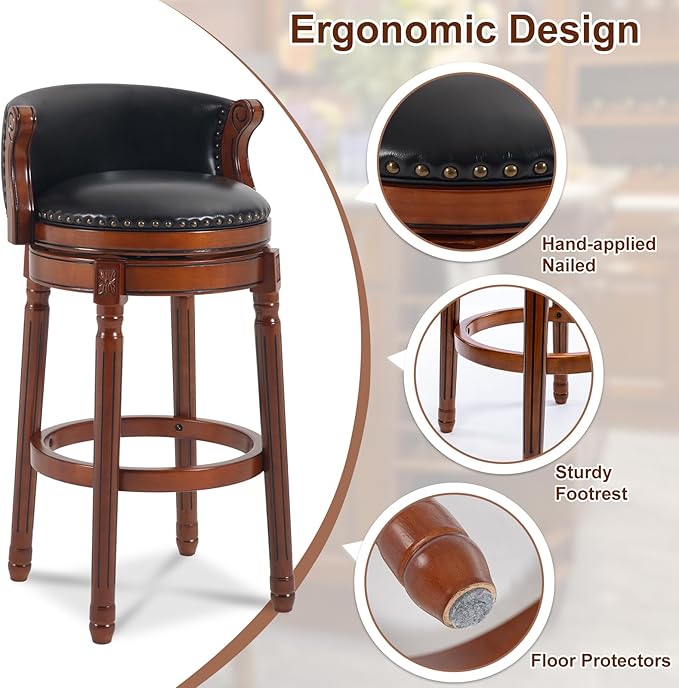 CozyRain Bar Stools Rubber Wood Counter Height Bar Stool Leather Upholstered Swivel Barstools with Back & Footrest for Home,Kitchen,Counter,Dining Room (Black, Seat Height 29.5 in)