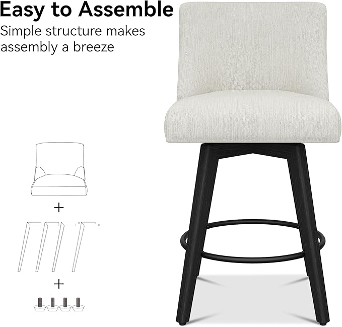 Counter Height Bar Stools Set of 4, Modern Swivel Barstools with Back and Wood Legs, Linen Fabric Upholstered Bar Chairs, 26" H Kitchen Counter Stools, Kitchen Island Home Bar, Ivory