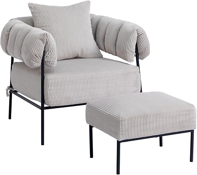 HollyHOME Modern Velvet Accent Chair with Ottoman, Upholstered Comfy Reading Chair and Footstool, Fabric Large Lazy Arm Chair and Stool, Lounge Sofa Chair for Living Room, Bedroom, Grey Chair&Stool