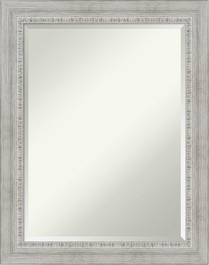 Amanti Art White Bathroom Mirror for Over Sink, 29x23 Rustic White Wash Rectangle Vanity Mirror, Medium Rustic Farmhouse Wood Frame, Hangs Horizonally and Vertically, Bathroom Wall Decor, Beveled Edge