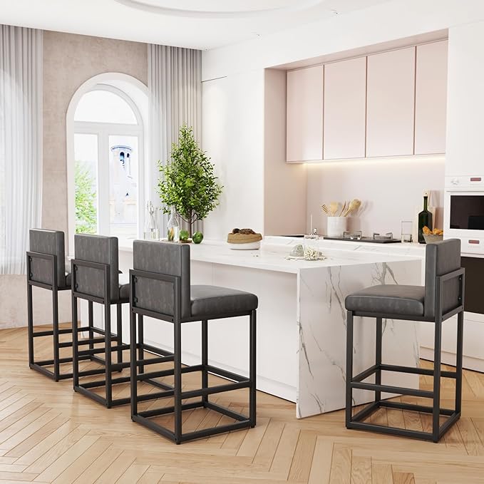 Barstools Set of 2 Grey Metal Bar Stools Modern Bar Chairs Pu Leather for Kitchen Island Counter Height Cafe Resturant Stools, 26 Inch