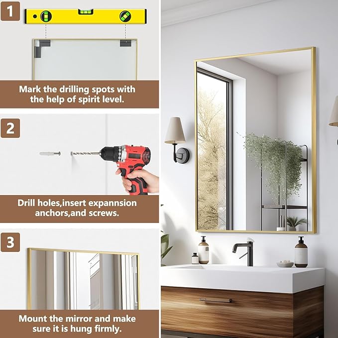 Gold Bathroom Mirror, 24"x32" Rectangle Mirror, Brushed Gold Mirror, Metal Frame Square Corner Vanity Mirror, Wall Mounted Mirror for Modern, Living Room, Bedroom, Horizontal Or Vertical