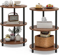 Small Round End Table - 3 Tier Design Accent Table, Narrow Side or Bedside Stand, Industrial Vintage Nightstand for Bedroom, Living Room, or Small Spaces, Set of 2, Rustic Walnut
