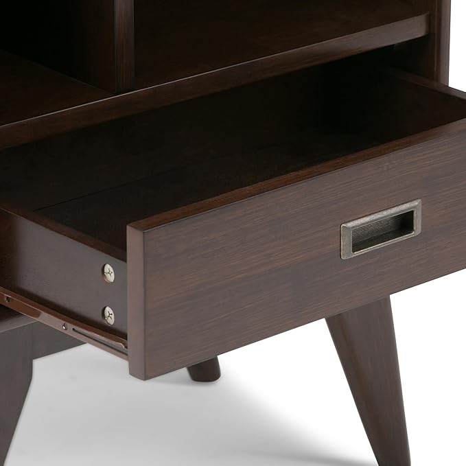 SIMPLIHOME Draper 22 inch Mid-Century Modern 6 Cubbie Bookcase with Drawer (Set of 2) in Medium Auburn Brown for The Living Room, Study Room and Office