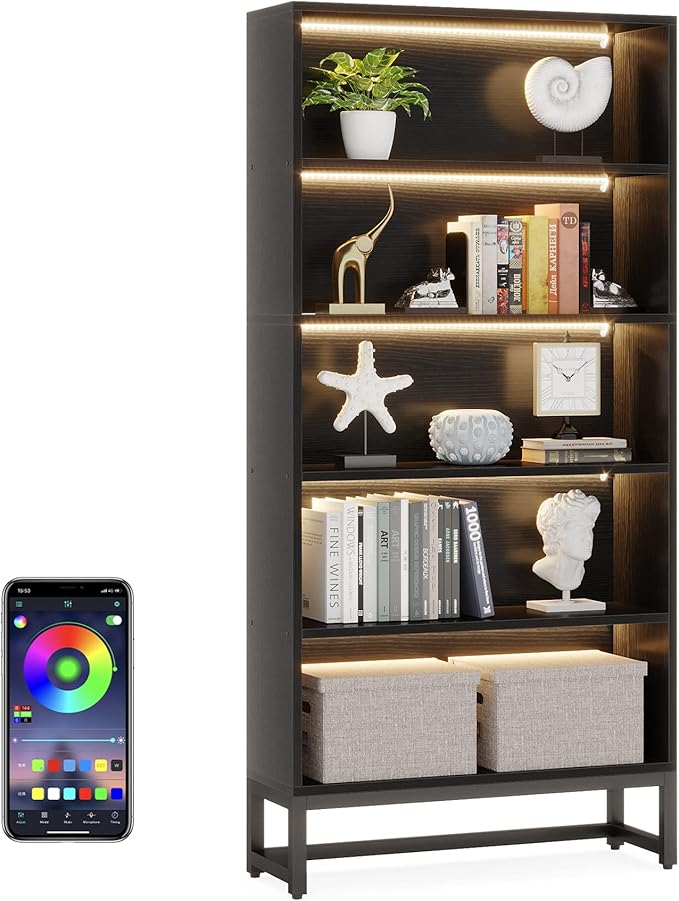 Tribesigns Tall Bookcase Black Bookshelf, 70.8” Large Bookcases Organizer with LED Lights, Heavy Duty Free-Standing Library Bookshelf with 5-Tier Storage Shelves for Living Room, Bedroom (Black)