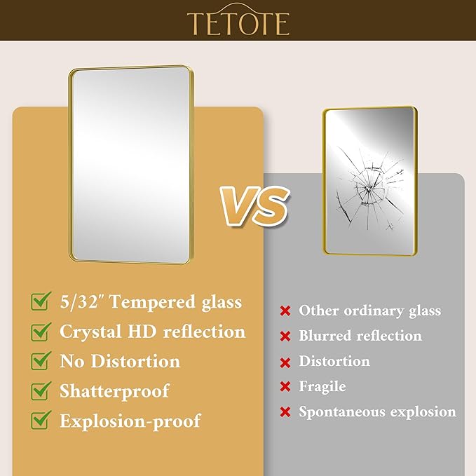 TETOTE Gold Bathroom Mirror 40 x 30 Inch Brushed Gold Metal Framed Vanity Mirror, Tempered Glass, Wall Mounted for Bathroom, Entryway, Bedroom, Living Room(Horizontal/Vertical)