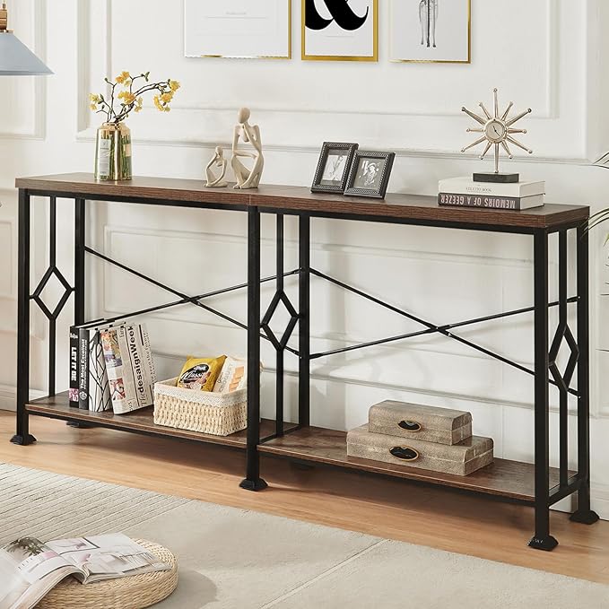 HOMISSUE Long Entryway Console Table, 70.9" Industrial Narrow Sofa Tables Behind Couch with 2 Tier Storage Shelf for Hallway, Living Room, Rustic Brown