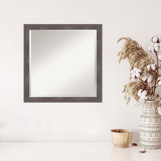 Amanti Art Grey Wall Mirror 23x23 Pinstripe Lead Grey Square Bathroom Mirror for Wall Decor Living Room, Medium Modern Wood Frame, Hangs Horizonally and Vertically, Bathroom Decor, Beveled Edge