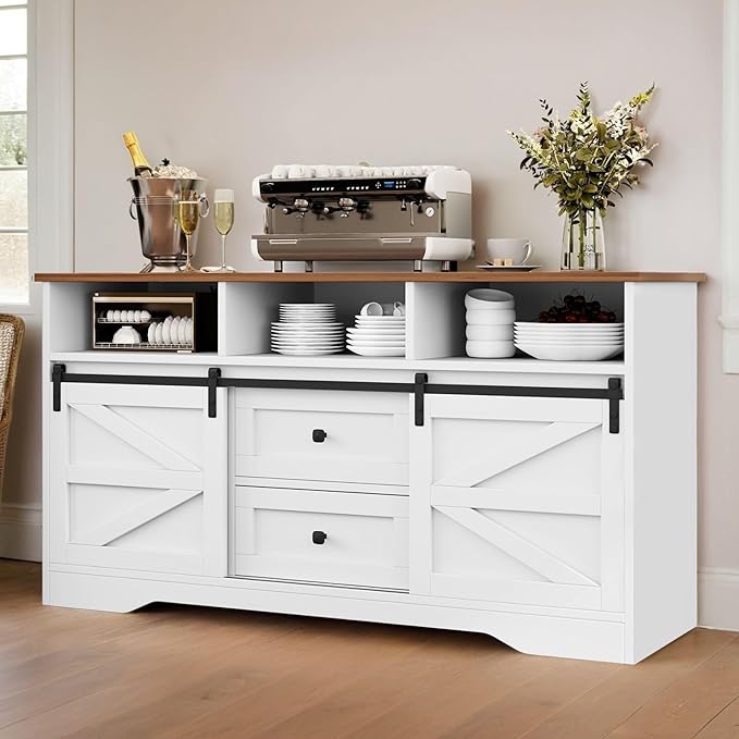 YITAHOME Buffet Cabinet with Drawers, 59" Large Sideboard Buffet Storage Cabinet with Shelves and Doors, Modern Farmhouse Coffee Bar Station Wood Kitchen Table for Kitchen, Dining Room, White