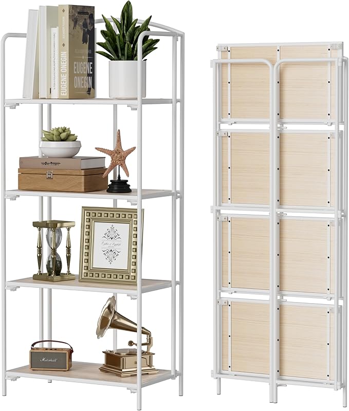 Crofy No Assembly Folding Bookshelf for Living Room, 4 Tier White Collapsible Book Shelf for Home Office, Portable Bookcase Storage Organizer