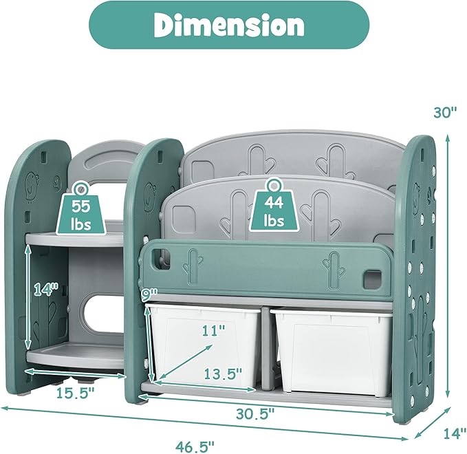 Costzon Kids Toy Storage Organizer, Toddler Bookshelf Cabinet w/ 2-Tier Bookshelf, 2 Shelves, 2 Removable Bins, Children Bookcase Display Book Rack for Kids Room Bedroom Playroom Furniture (Green)