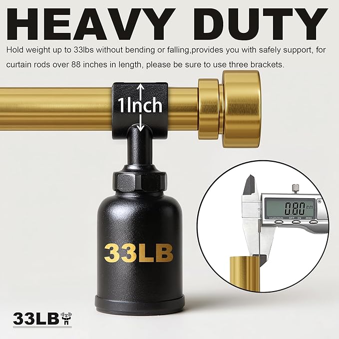 Modern Gold Curtain Rods for Windows 48 to 84 Inches Adjustable Length Heavy Duty 1" Diameter Brass Window Curtain Rod with Solid Metal Finials for Outdoor Farmhouse Bedroom Kitchen Living Room