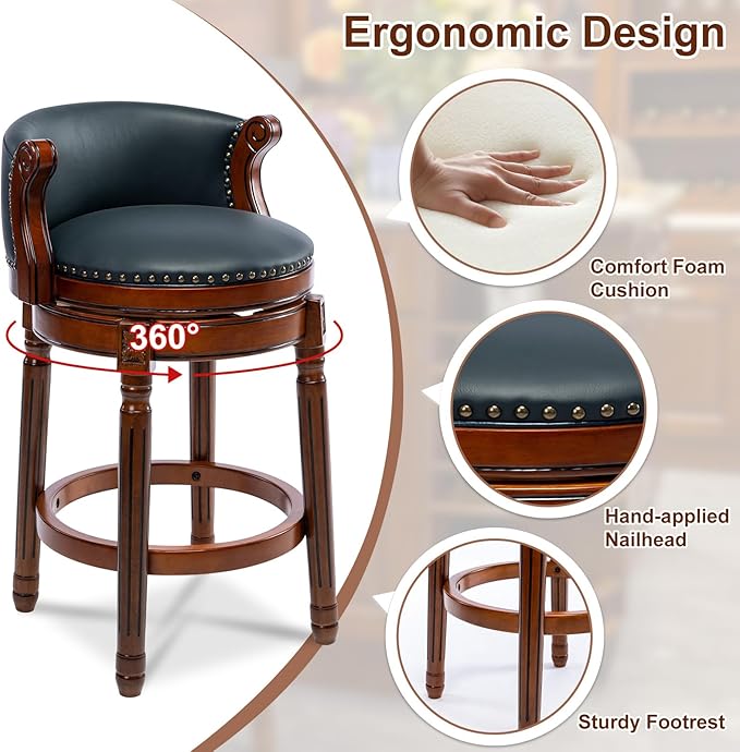 CozyRain Bar Stools Rubber Wood Counter Height Bar Stool Leather Upholstered Swivel Barstools with Back & Footrest for Home,Kitchen,Counter,Dining Room (Navy Blue, Seat Height 26 in)