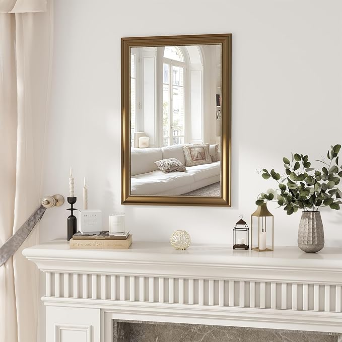 Axeman 24x36 Rectangular Wall Mirror, Decorative Bathroom Mirror, Traditional Vintage Wall Mounted Mirror with Beaded Frame for Accent Living Room Vanity Bedroom Entryway, Gold